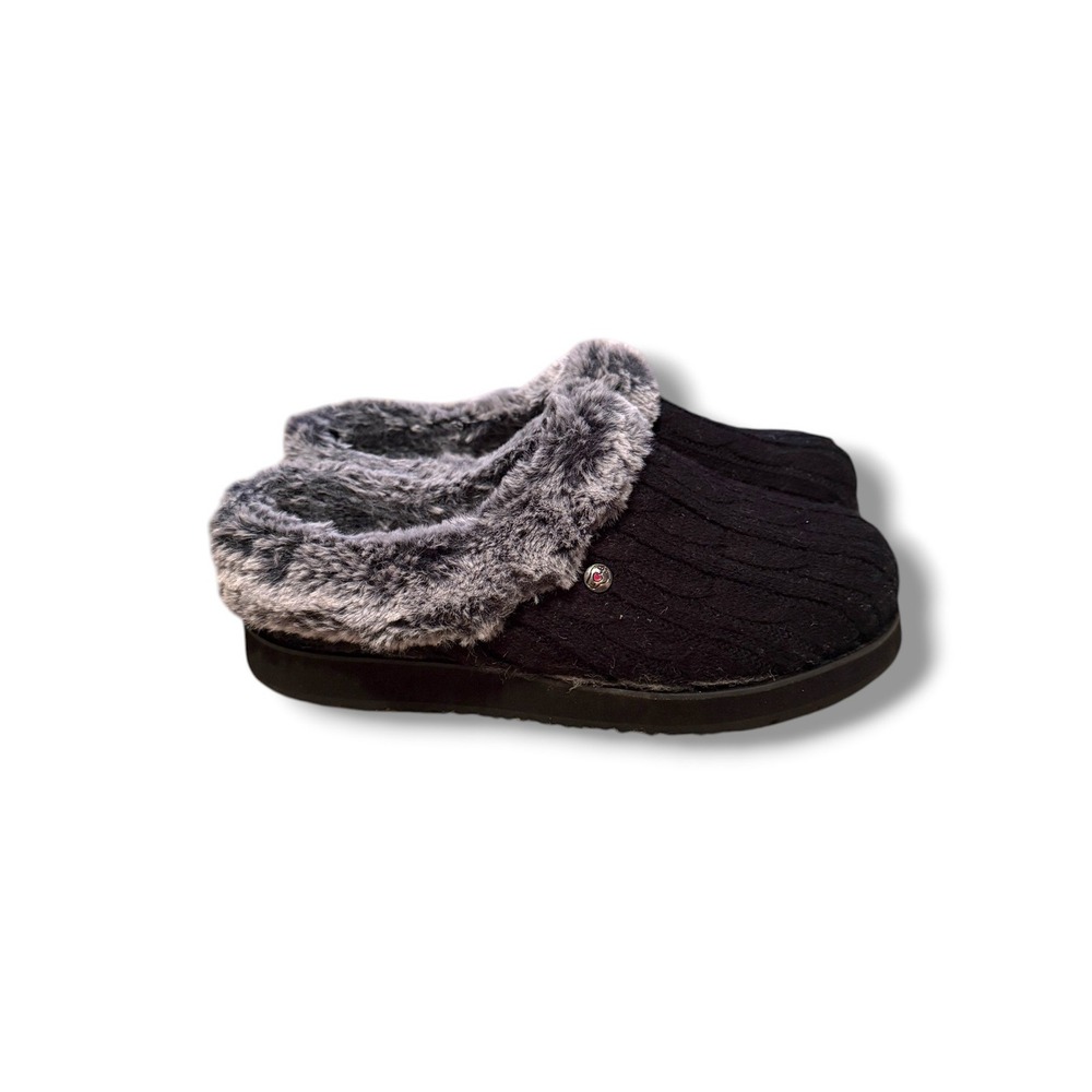 Skechers BOBS Keepsakes Slippers Womens 7 Black Cable Knit Faux Fur Memory Foam